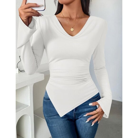 Women’s Slim Fit Long Sleeve Cowl Neck Shirts Y2K Tops Blouses for Fall 2025 - Picture 2 of 7